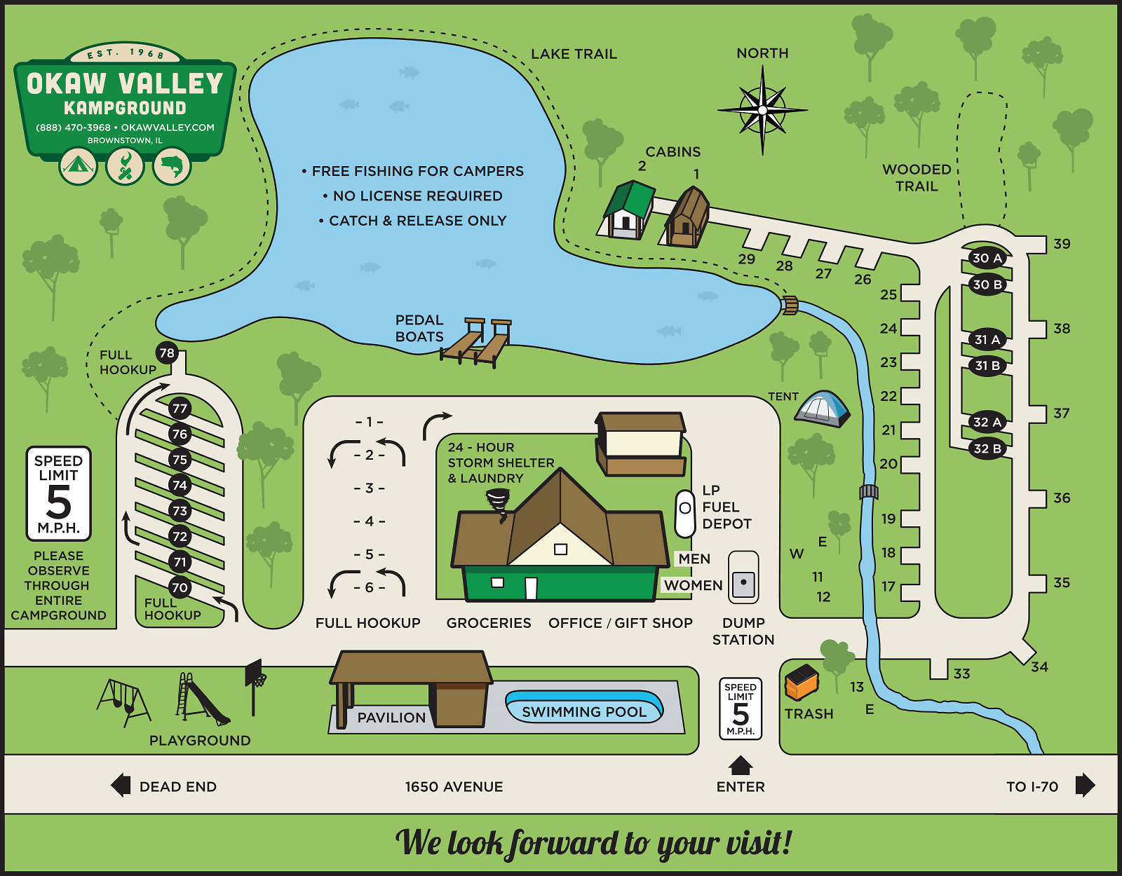 Map of lake, RV, tent and cabin sites.